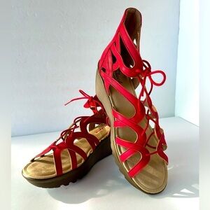 Skechers-Terrace Lace-up Detail Wedge Red Sandals